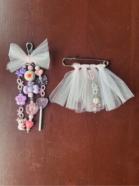 Kawaii Pink Tulle Charm Keychain and Pin Brooch Coquette Bag Charm Set